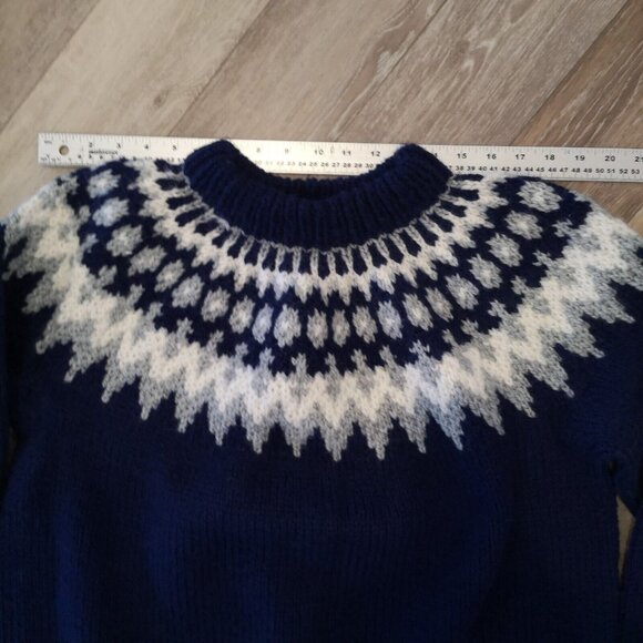 Vintage Wool Fair Isle Sweater Hand Knit Chunky Blue White Men's M Wom L Lovely - Picture 8 of 16